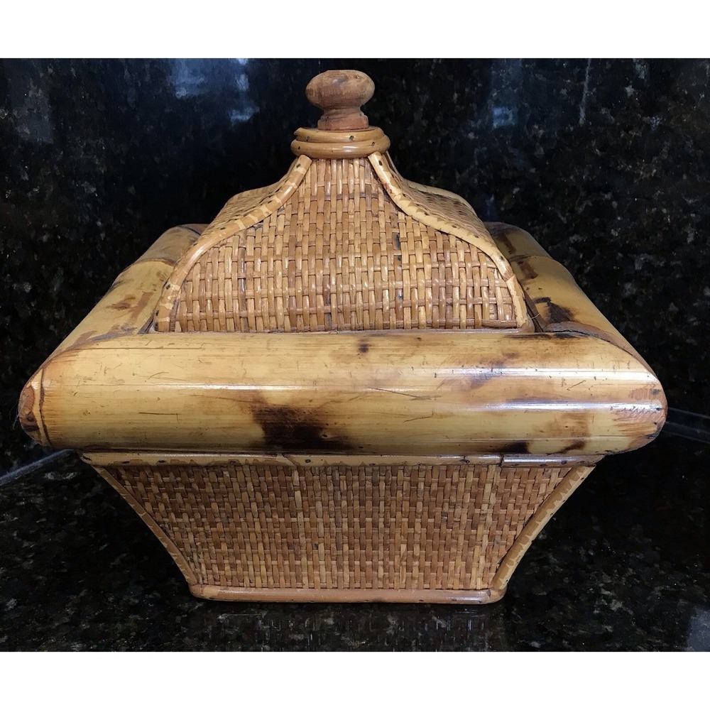 Vintage Wicker Rattan Scorched Bamboo Storage Box With Lid Planter